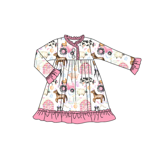 Long sleeves pink ruffle farm kids girls night dresses