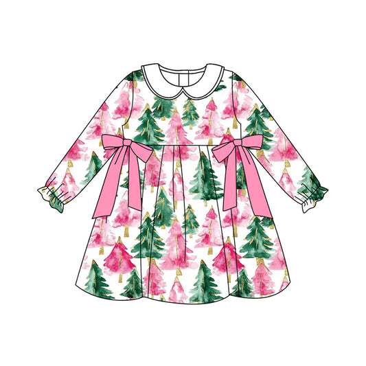Long sleeves pink bow Christmas tree girls dresses