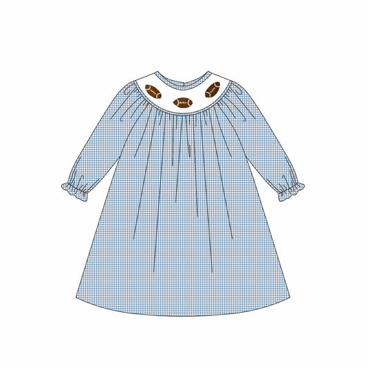Lihgt blue plaid long sleeves football baby girls dresses
