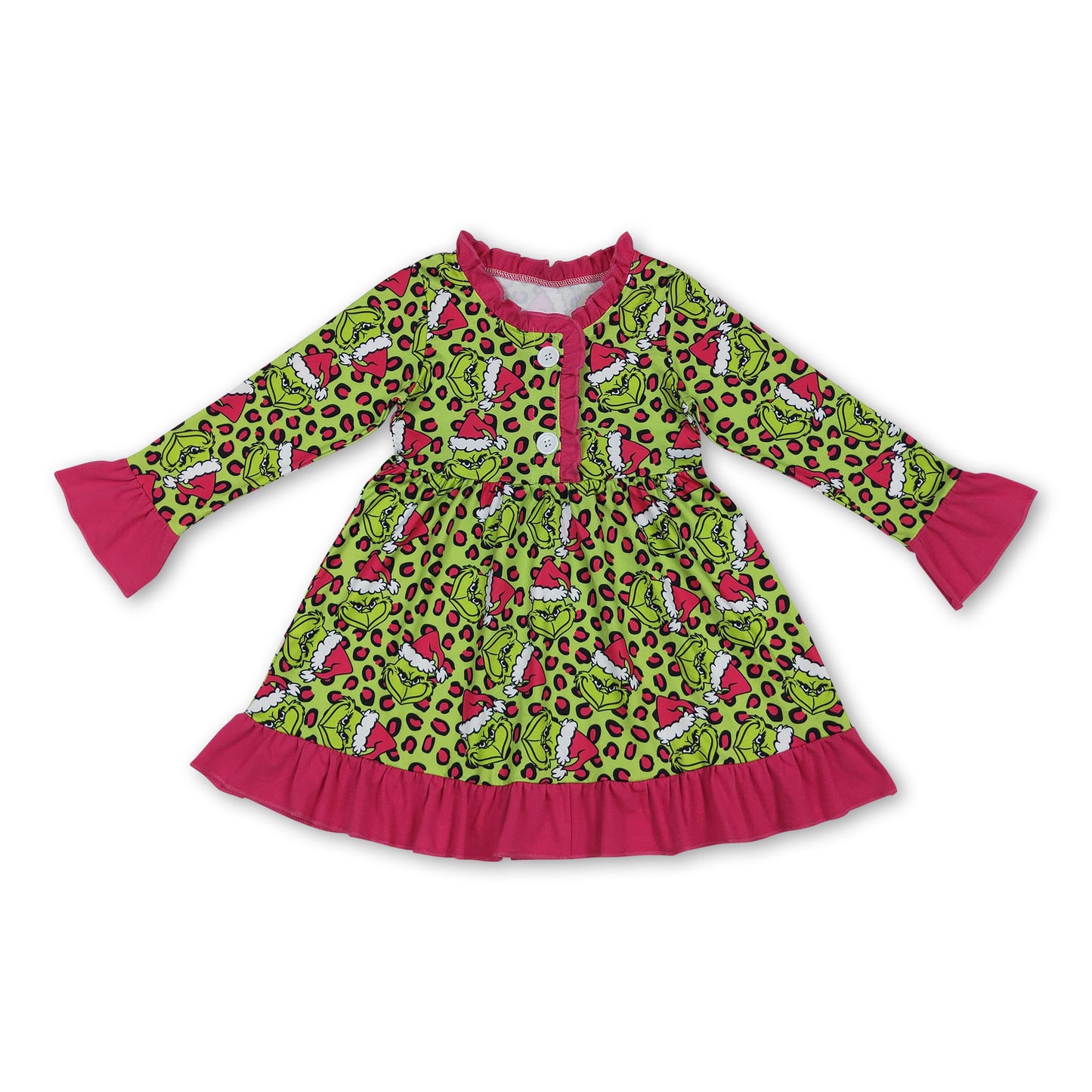 Leopard green face ruffle girls Christmas night dress