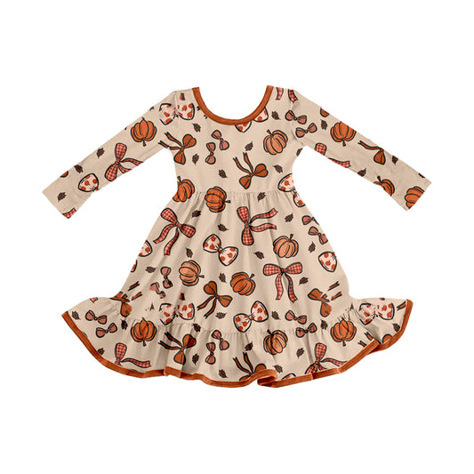 Long sleeves pumpkin bow ruffle girls fall dress