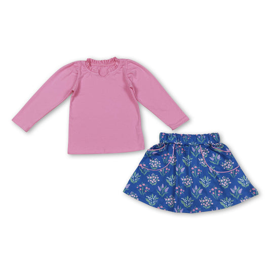 Pink long sleeves top floral pockets skirt girls clothes