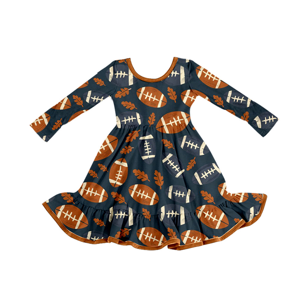 Long sleeves brown leaves football kids girls dresses