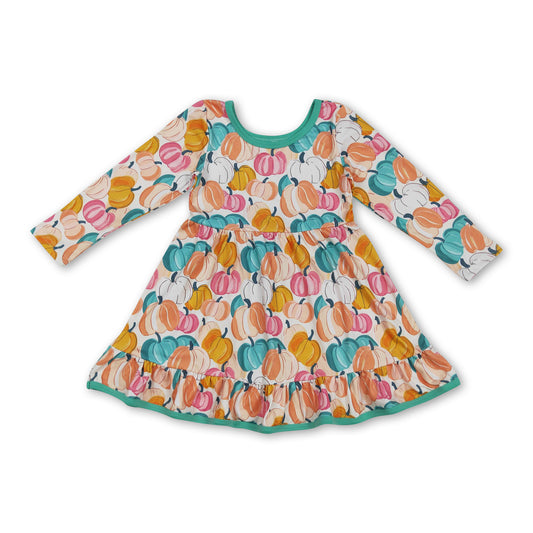 Long sleeves colorful pumpkin ruffle girls fall dresses
