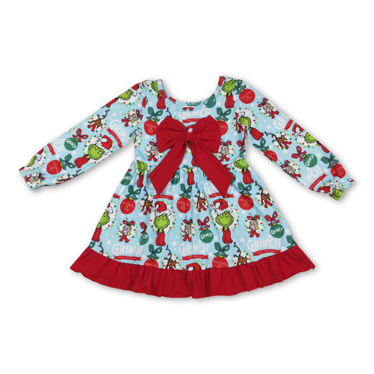 Red bow long sleeves green face ruffle girls Christmas dress