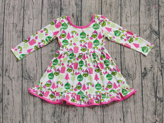 Long sleeves gift green face ruffle girls Christmas dress