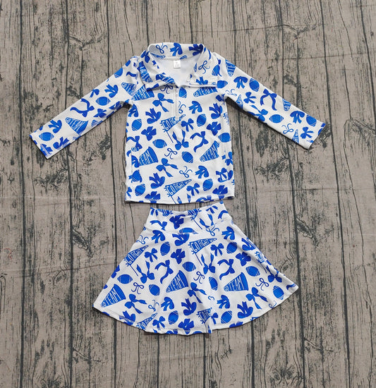 Blue bow football top skirt kids girls team activewear set