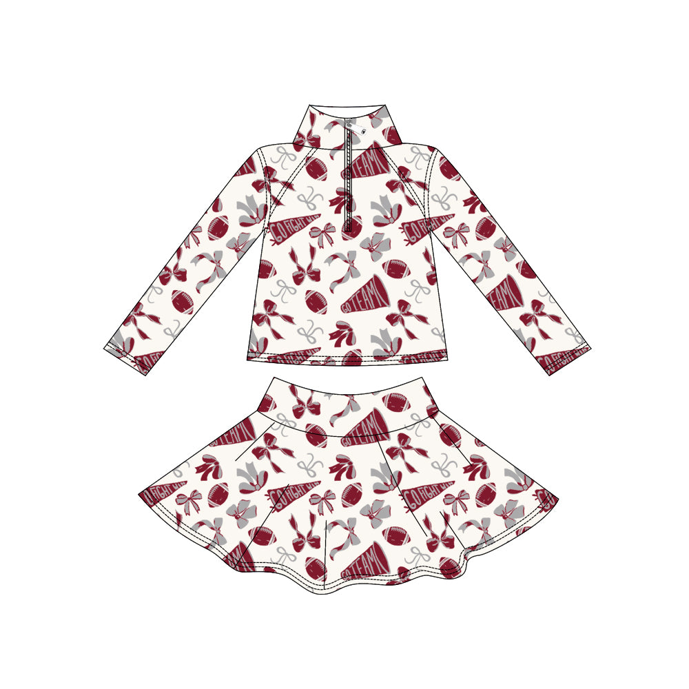 Maroon bow football top skirt kids girls team activewear set