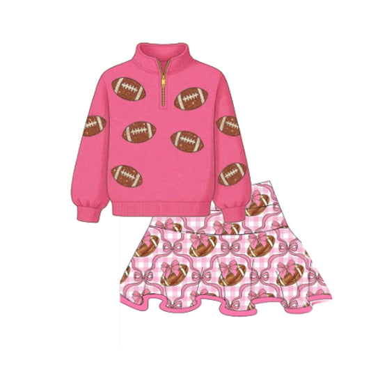 Long sleeves football pullover bow skirt girls clothing set