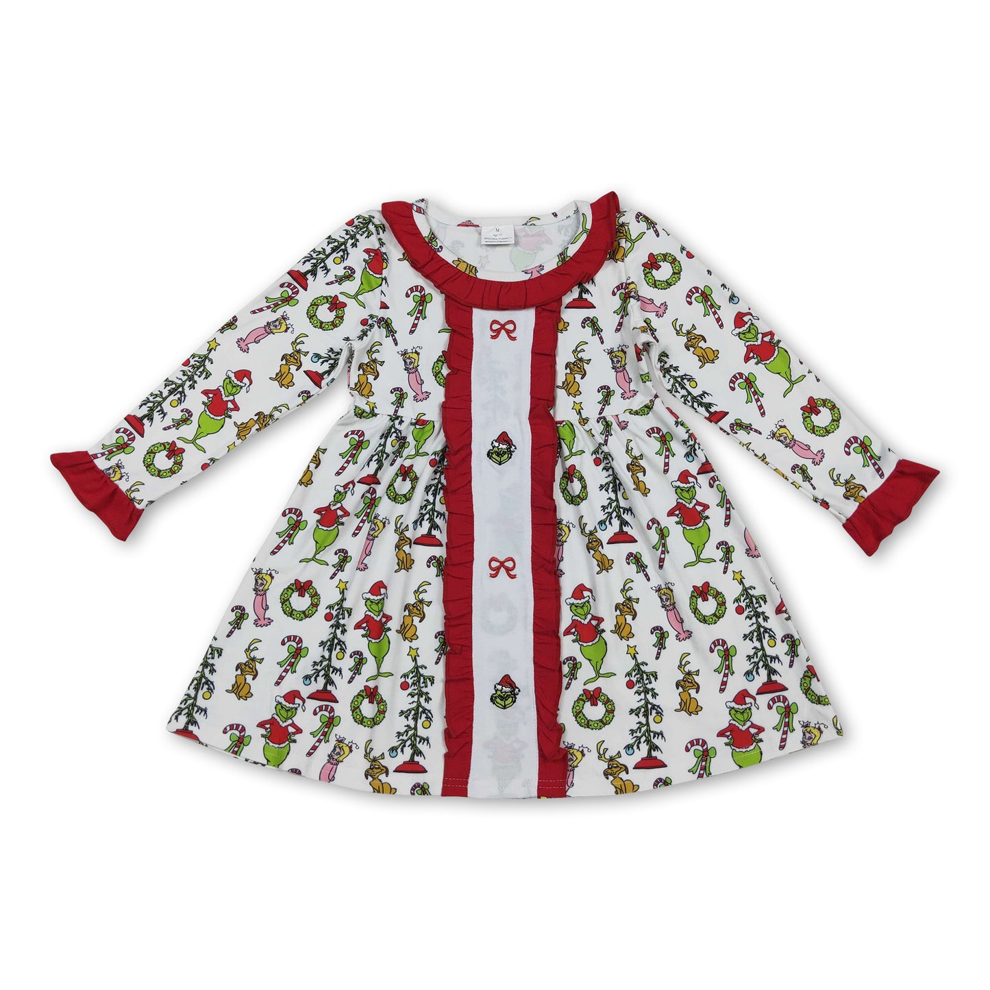 Long sleeves green face bow kids girls Christmas dresses