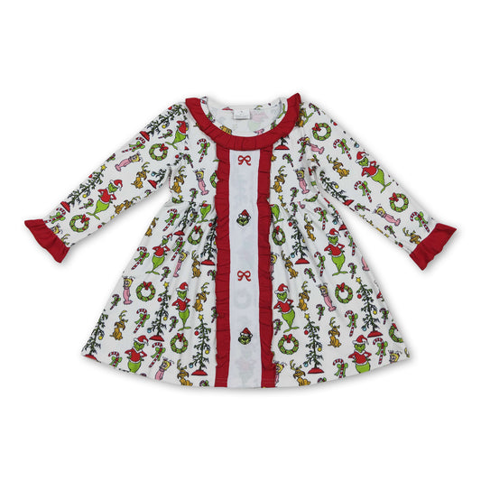 Long sleeves green face bow kids girls Christmas dresses
