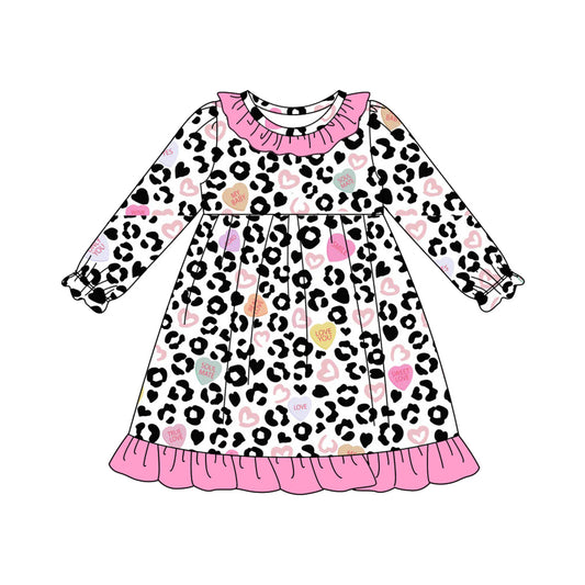 Long sleeves leopard heart kids girls valentine's day dress