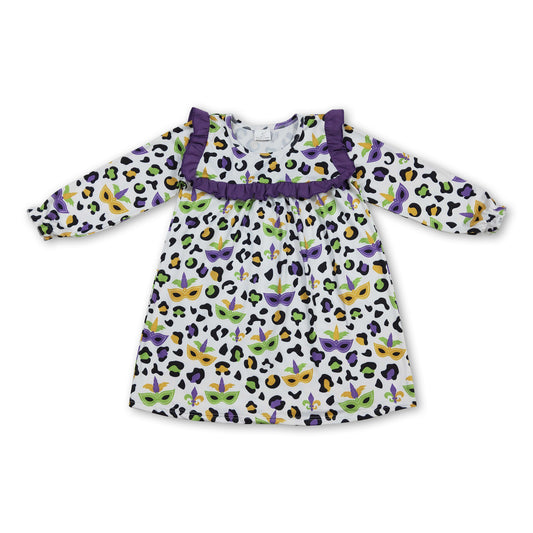 Long sleeves purple ruffle leopard girls Mardi Gras dresses