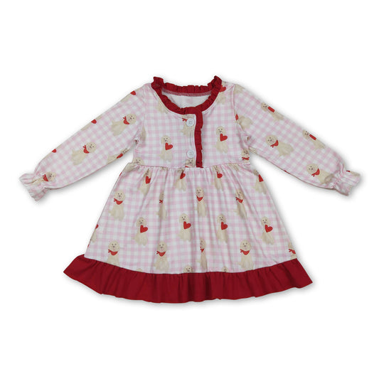Pink plaid long sleeves heart dog girls valentine's night dress