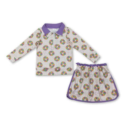 Purple yellow green donuts pullover skirt kids girls Mardi Gras set