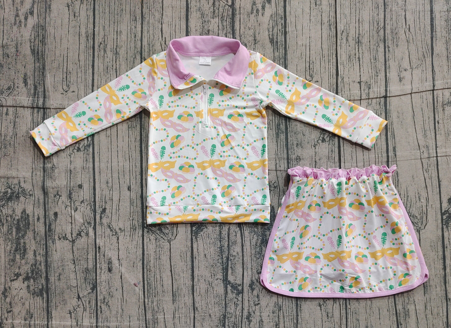 Necklace feather donut pullover skirt girls Mardi Gras outfits