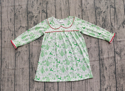 green deer trees print long sleeve girl dress