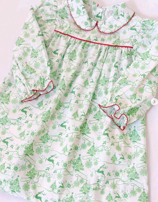 green deer trees print long sleeve girl dress