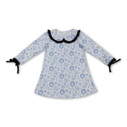 blue Christmas house kids girls long sleeve dresses