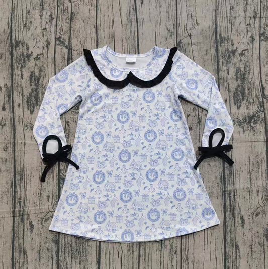 blue Christmas house kids girls long sleeve dresses