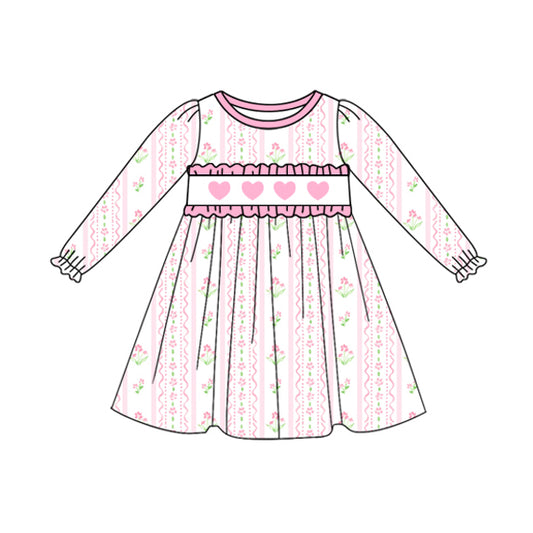 pink flowers valentine heart print long sleeve girl dress