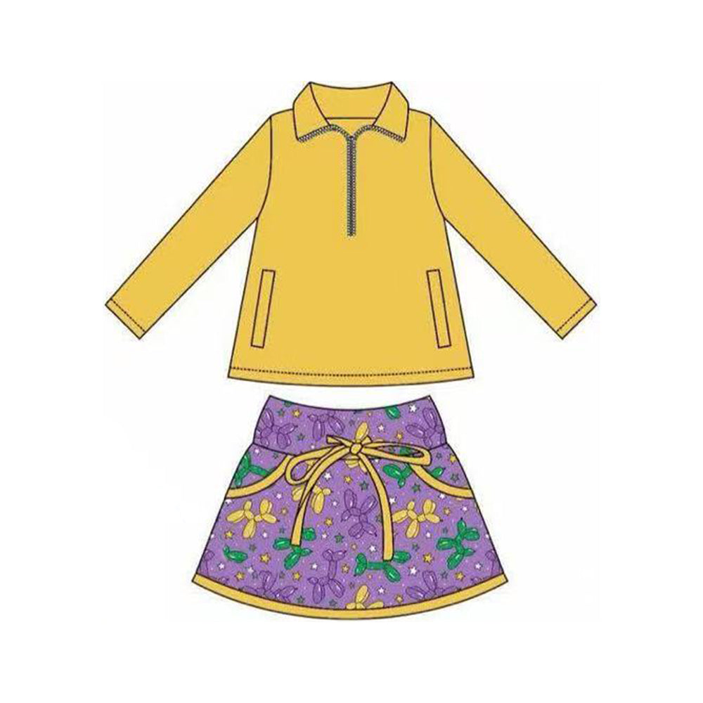 yellow long sleeves top balloon skirt kids girls Mardi Gras set