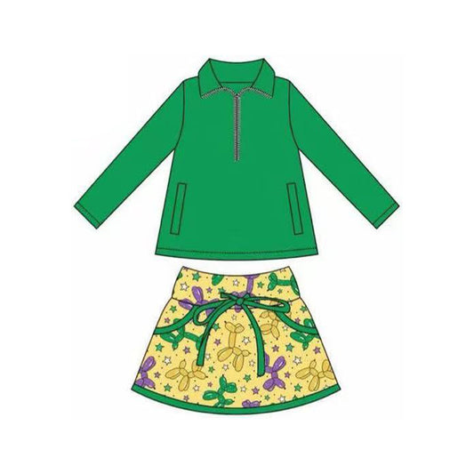 green long sleeves top balloon skirt kids girls Mardi Gras set