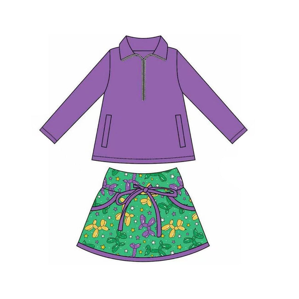 purple long sleeves top balloon skirt kids girls Mardi Gras set