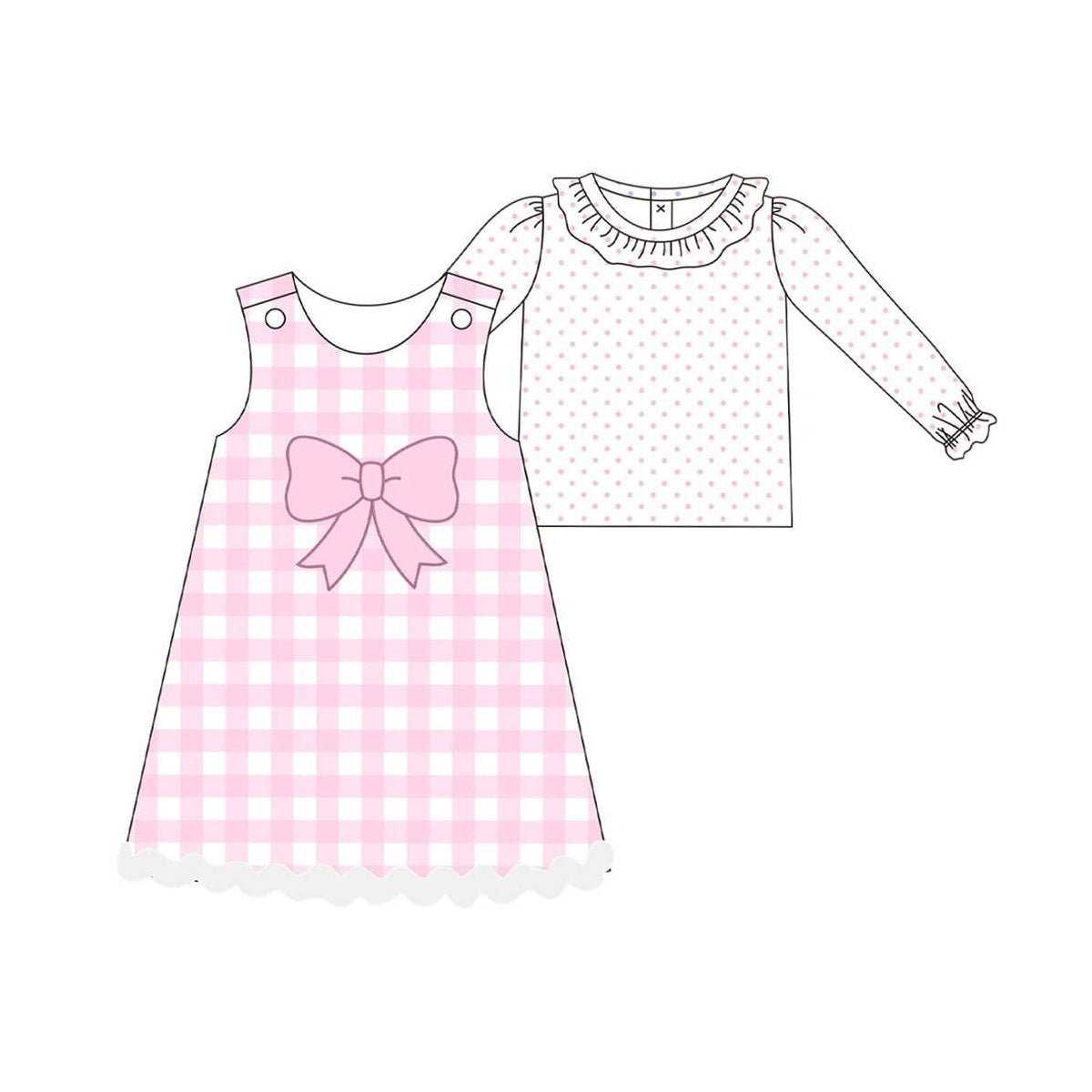pink polka girls pink plaid bows dress set