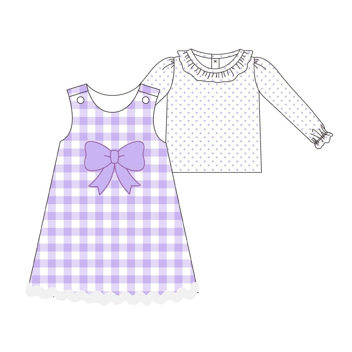 purple polka girls purple plaid bows dress set