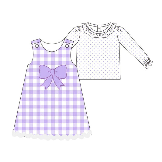purple polka girls purple plaid bows dress set