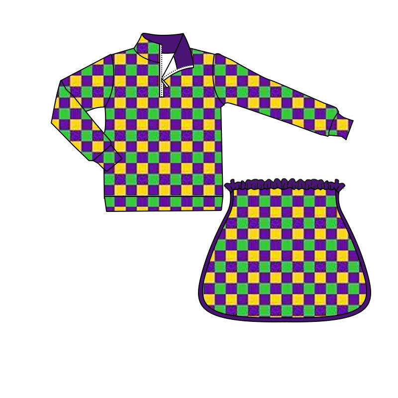 purple yellow green plaid pullover skirt kids girls Mardi Gras set