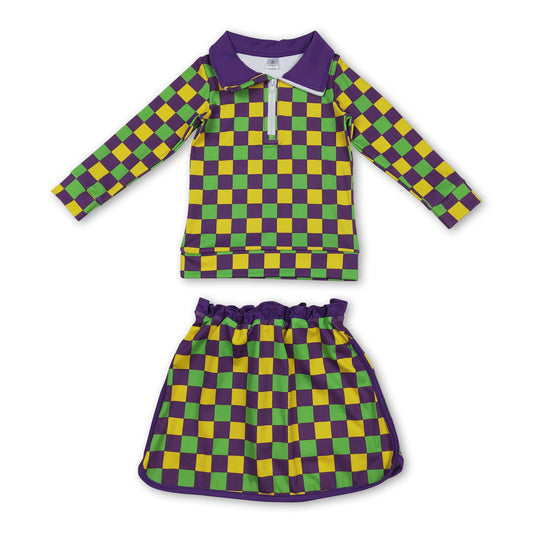 purple yellow green plaid pullover skirt kids girls Mardi Gras set