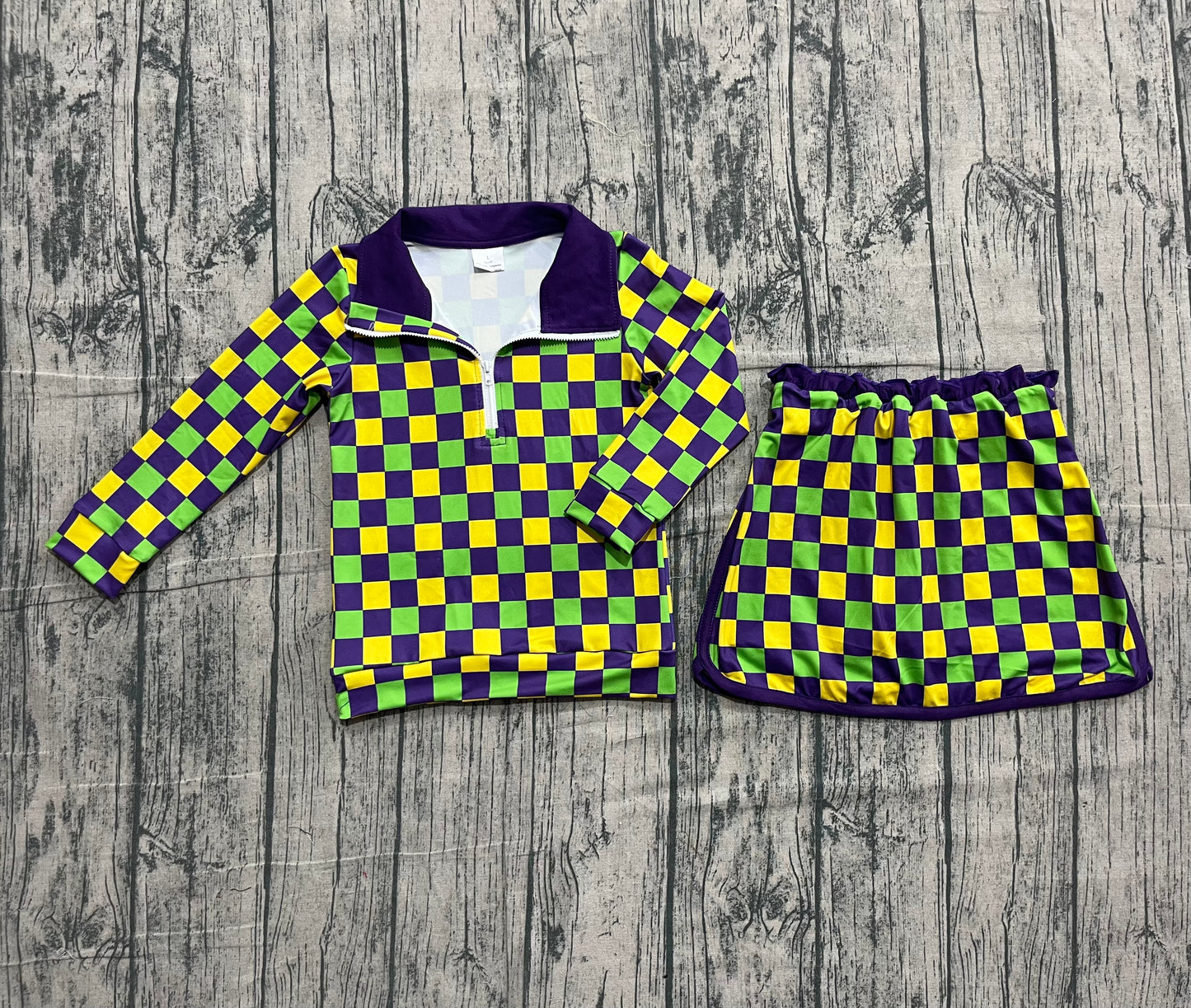 purple yellow green plaid pullover skirt kids girls Mardi Gras set