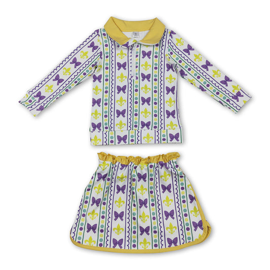 purple bows yellow green pattern pullover skirt kids girls Mardi Gras set