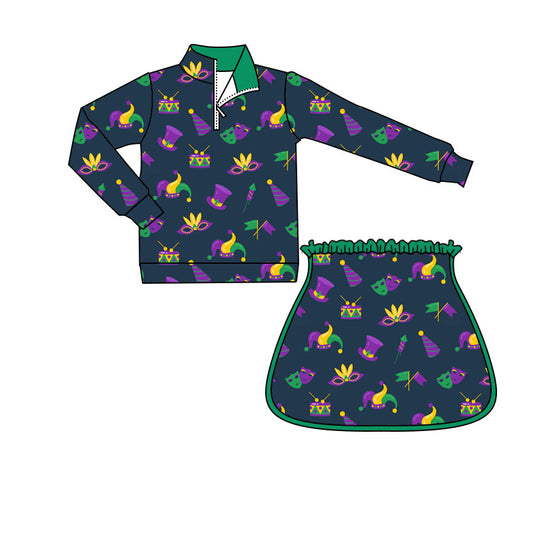 Mardi Gras patttern pullover skirt kids girls navy set