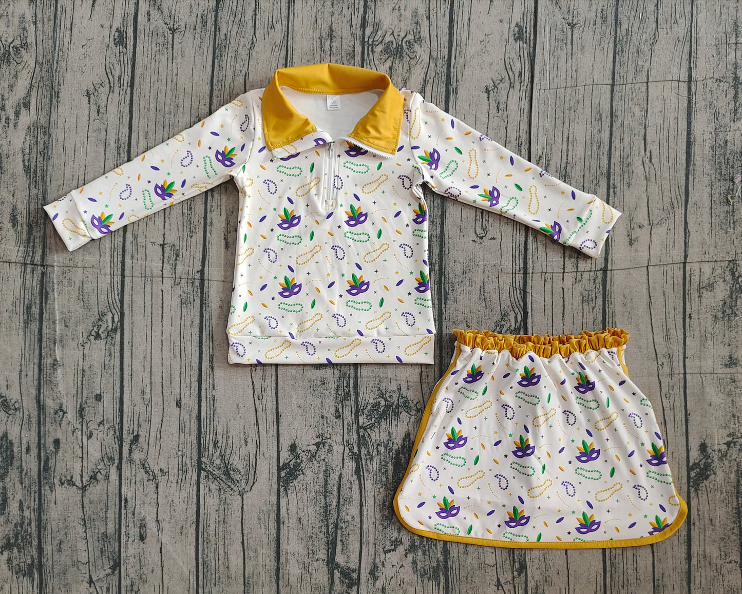 Mardi Gras mask necklace pullover skirt kids girls navy set