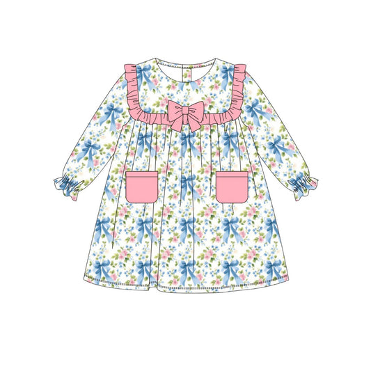 blue bows flowers long sleeve girl dress