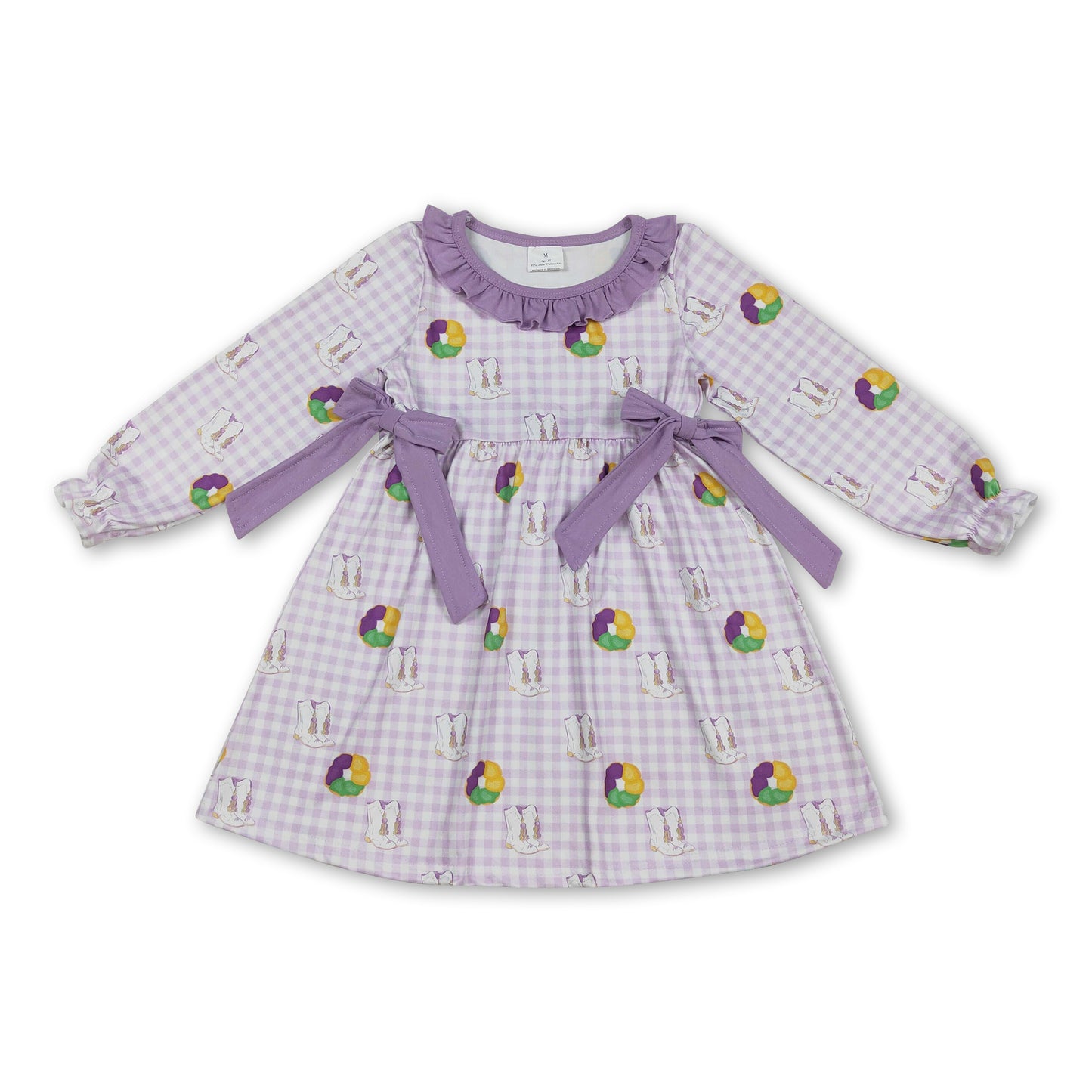 Purple yellow green donut boots plaid girls Mardi Gras dress