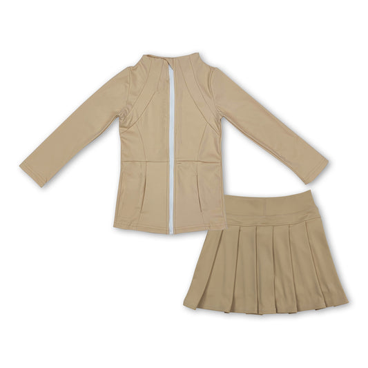 Khaki zipper jacket pleated skirt girls activewear set