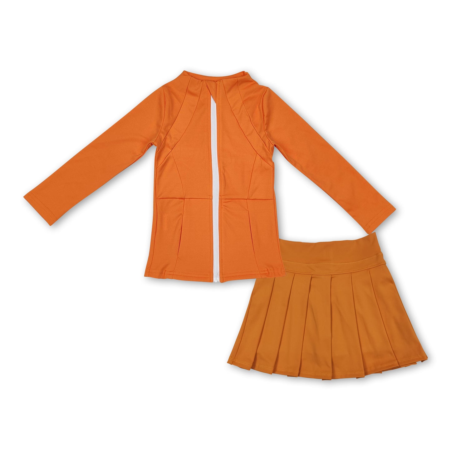 Orange zipper jacket pleated skirt girls activewear set
