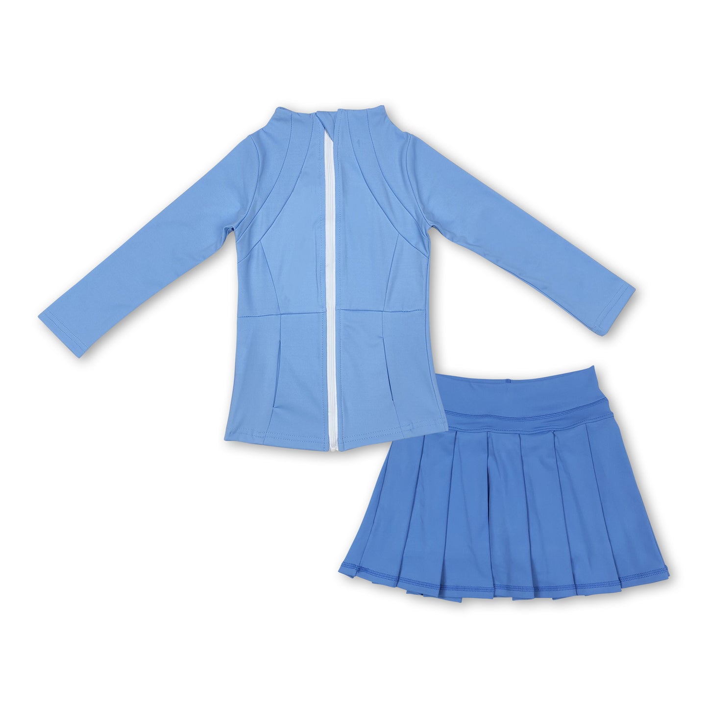 Blue zipper jacket pleated skirt girls activewear set