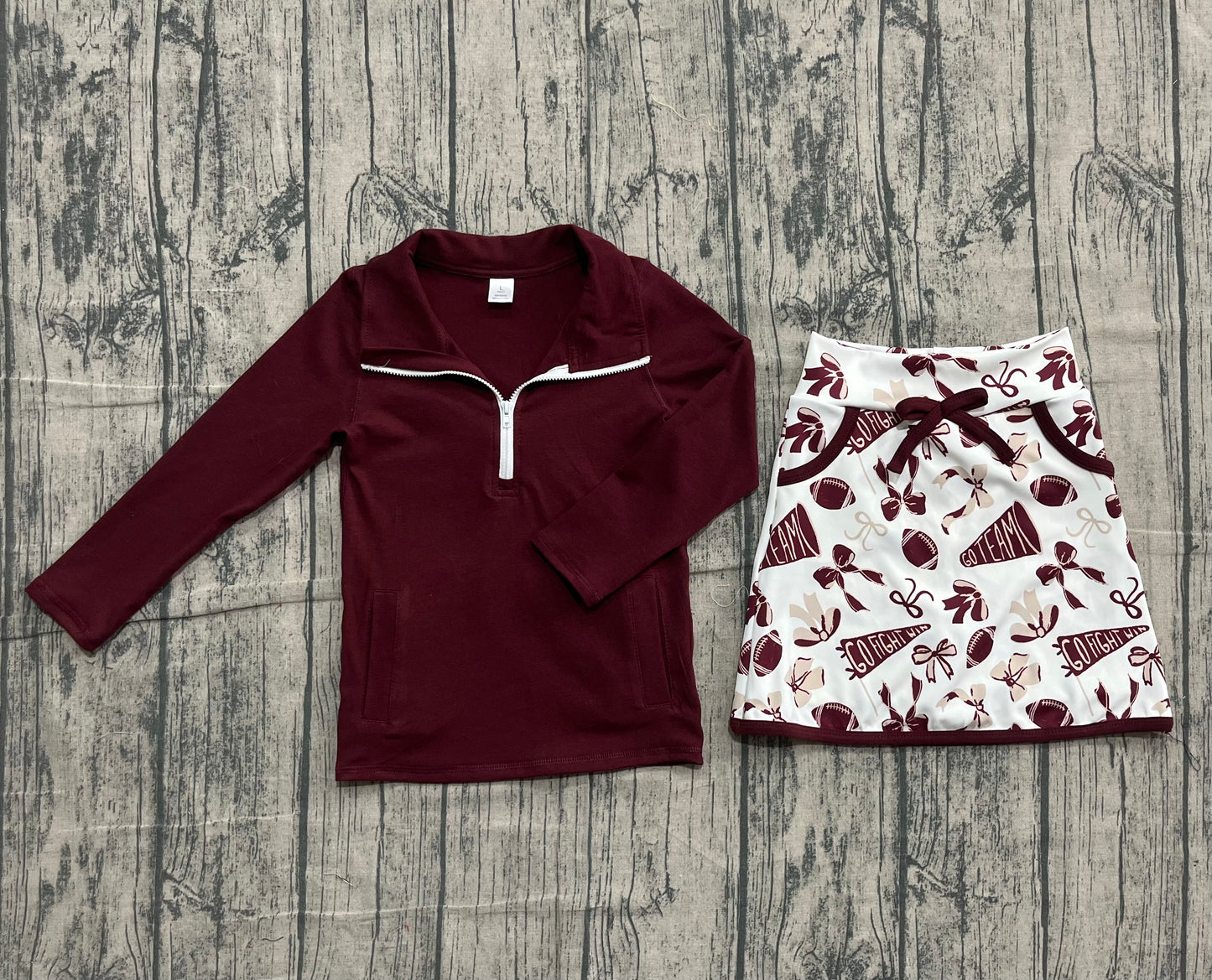 Maroon zipper pullover football bow skirt girls team activewear set