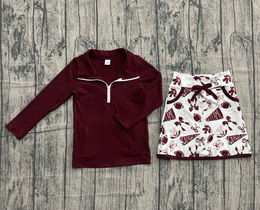 Maroon zipper pullover football bow skirt girls team activewear set