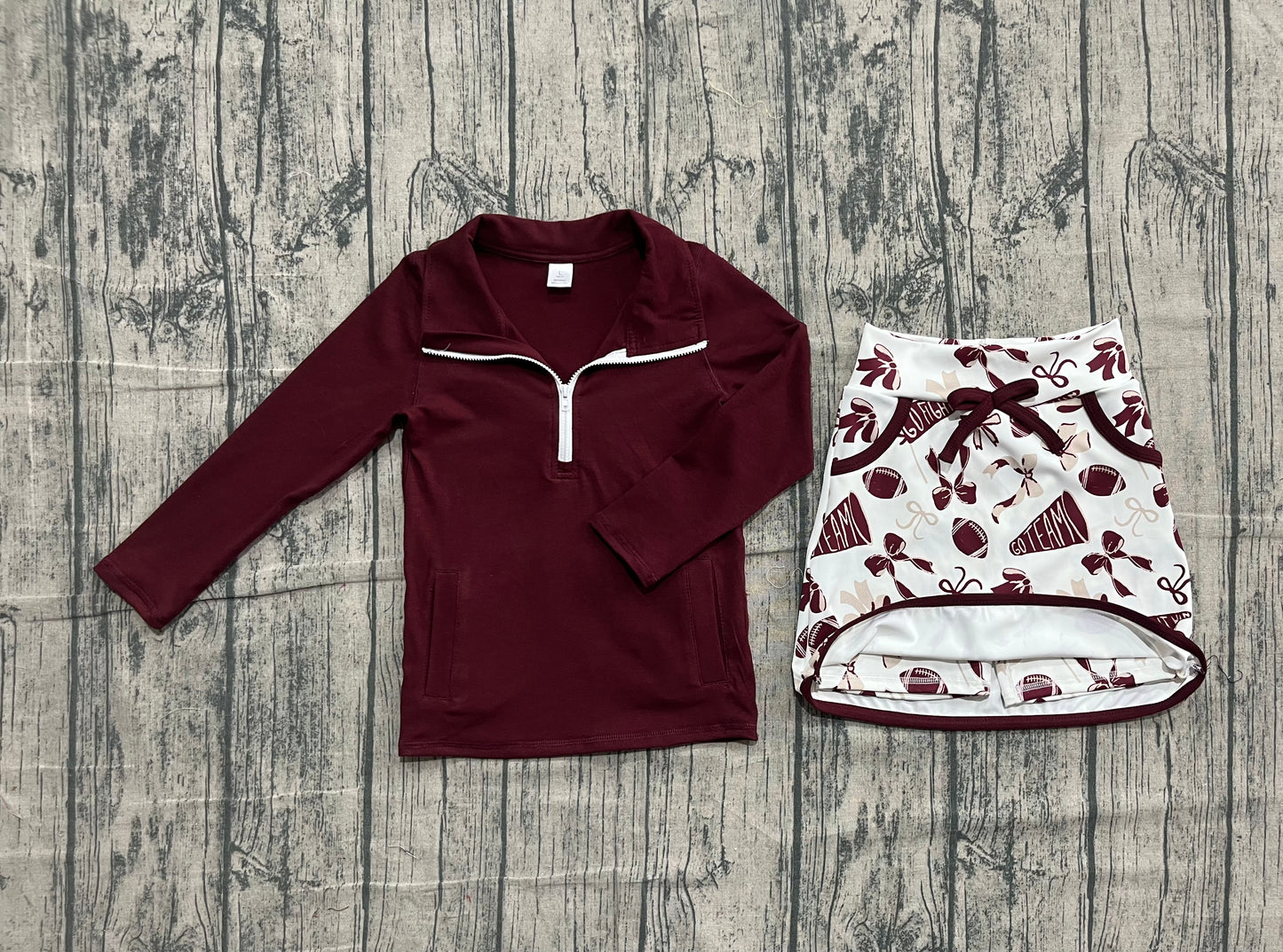 Maroon zipper pullover football bow skirt girls team activewear set