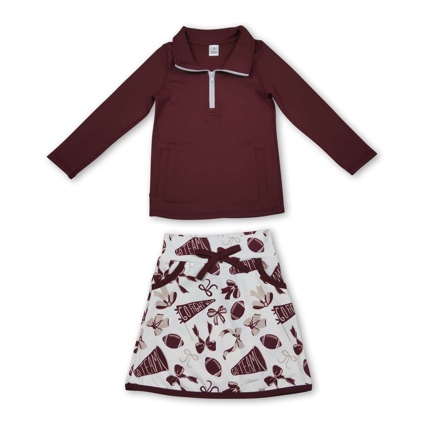 Maroon zipper pullover football bow skirt girls team activewear set