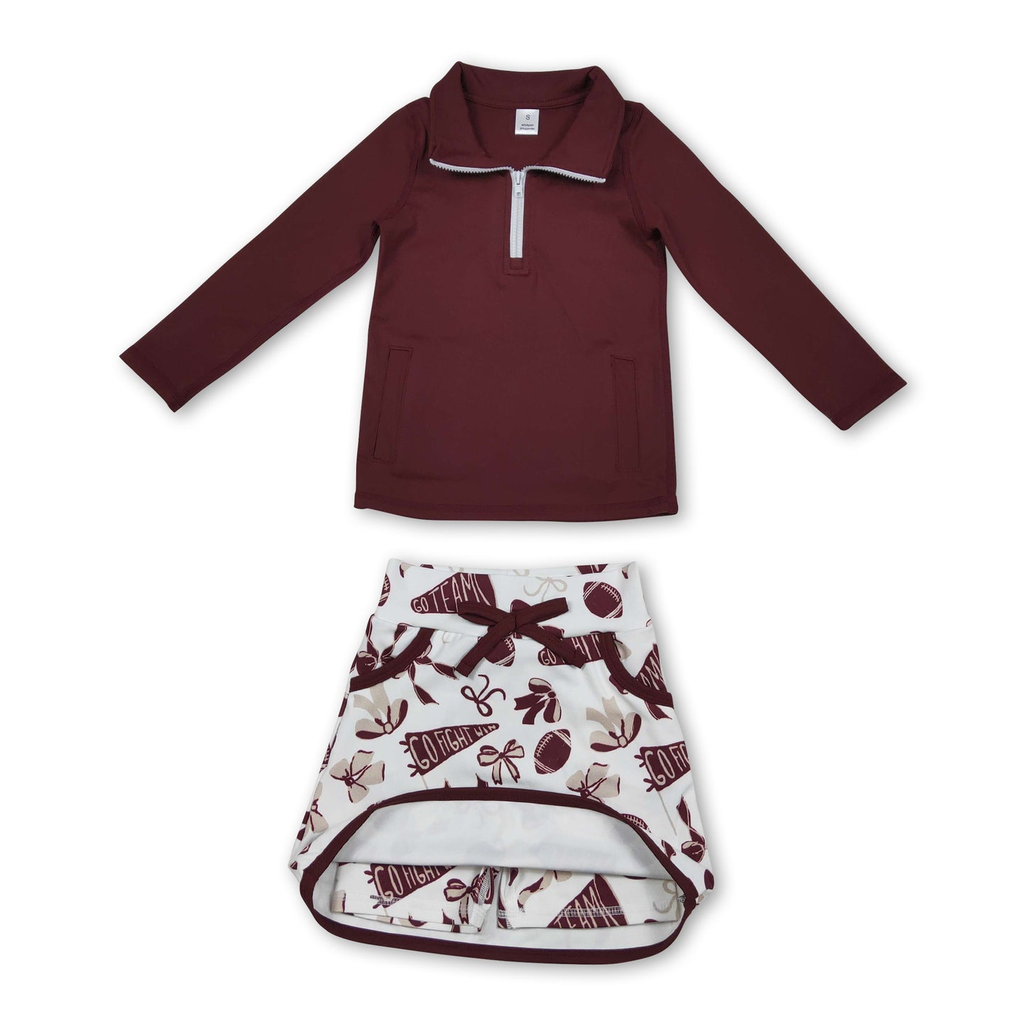 Maroon zipper pullover football bow skirt girls team activewear set