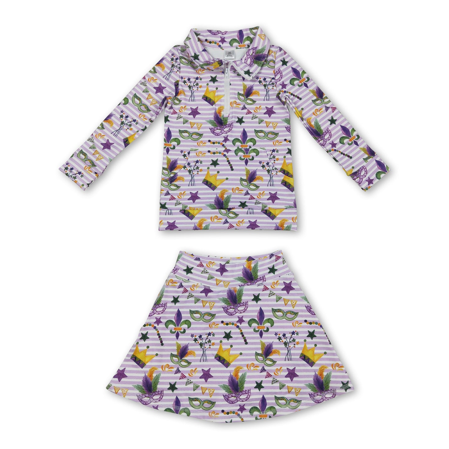 Purple stripe crown pullover skirt girls Mardi Gras active set