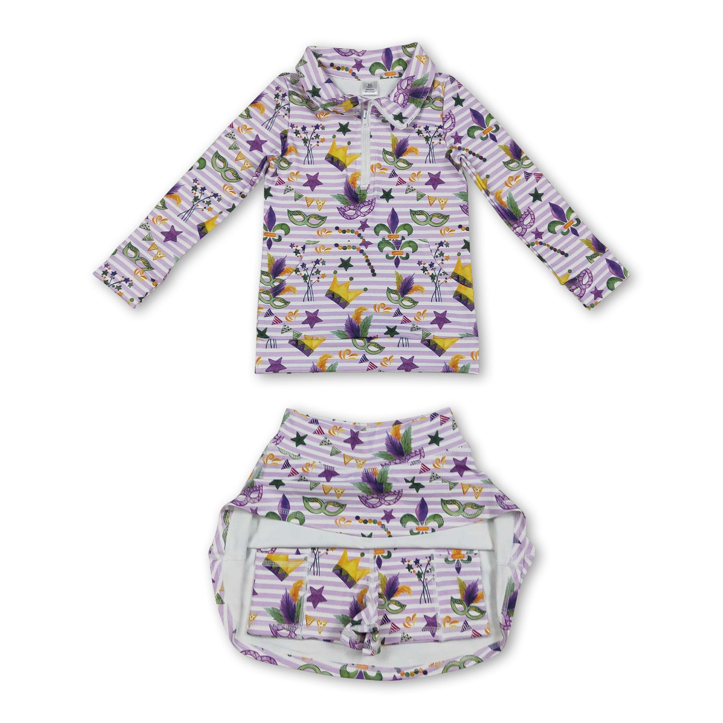 Purple stripe crown pullover skirt girls Mardi Gras active set