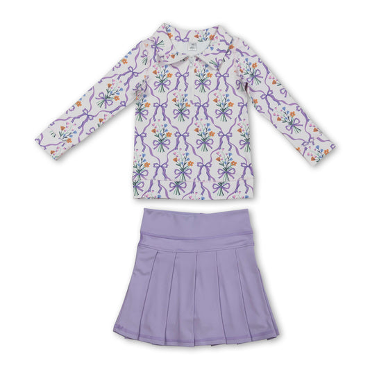 Floral lavender bow pleated skirt girls yoga activewear set
